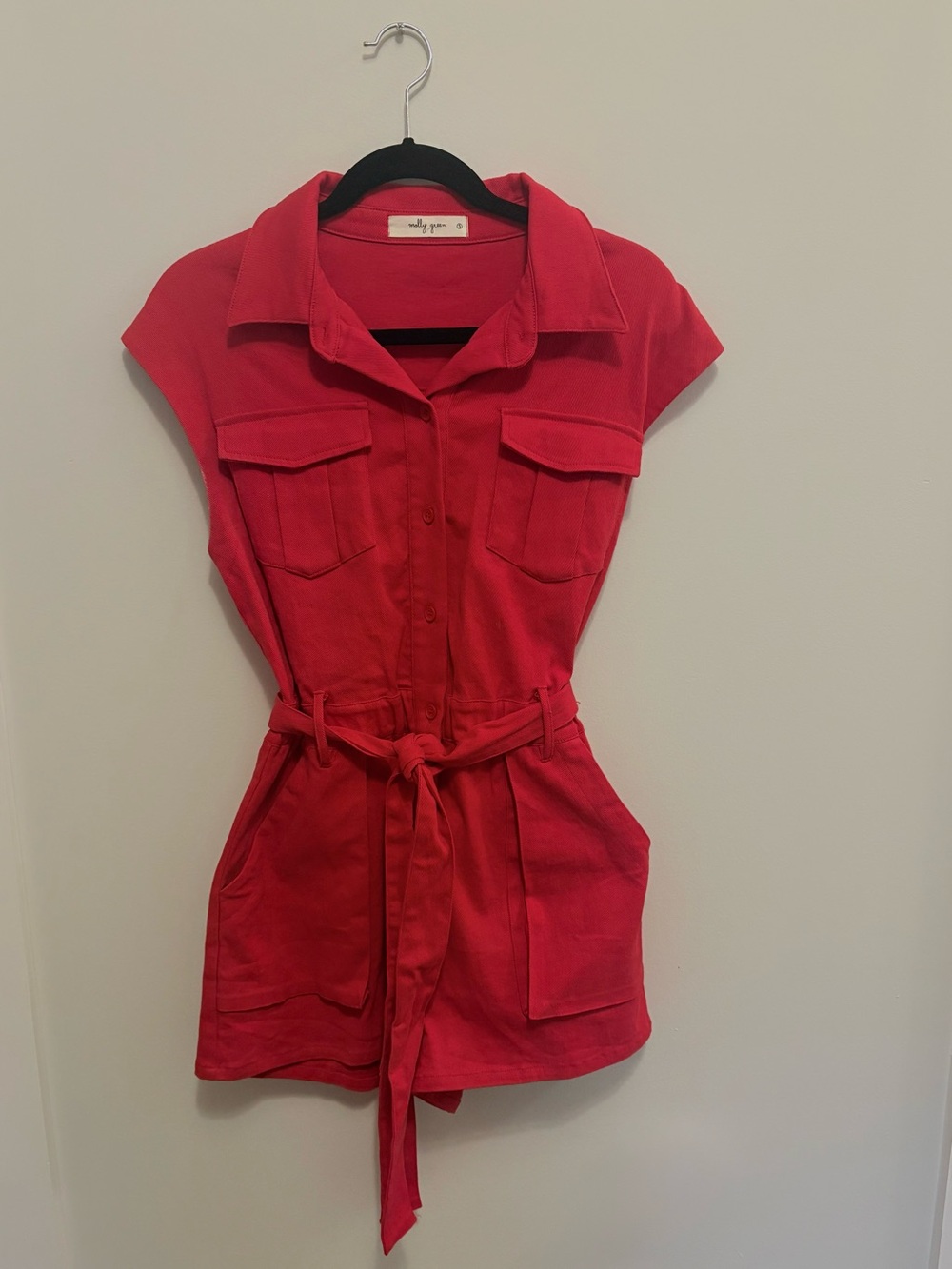 Red Short-Sleeve Utility Romper with Tie Waist
